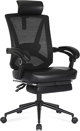 Misolant Ergonomic Office Chair with Footrest, Ergonomic Desk Chair with Adjustable 2D Lumbar Support, High Back Computer Chair with Adjustable Headrest, Comfortable Leather Office Chairs -Black