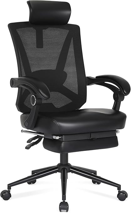 Misolant Ergonomic Office Chair with Footrest, Ergonomic Desk Chair with Adjustable 2D Lumbar Support, High Back Computer Chair with Adjustable Headrest, Comfortable Leather Office Chairs -Black