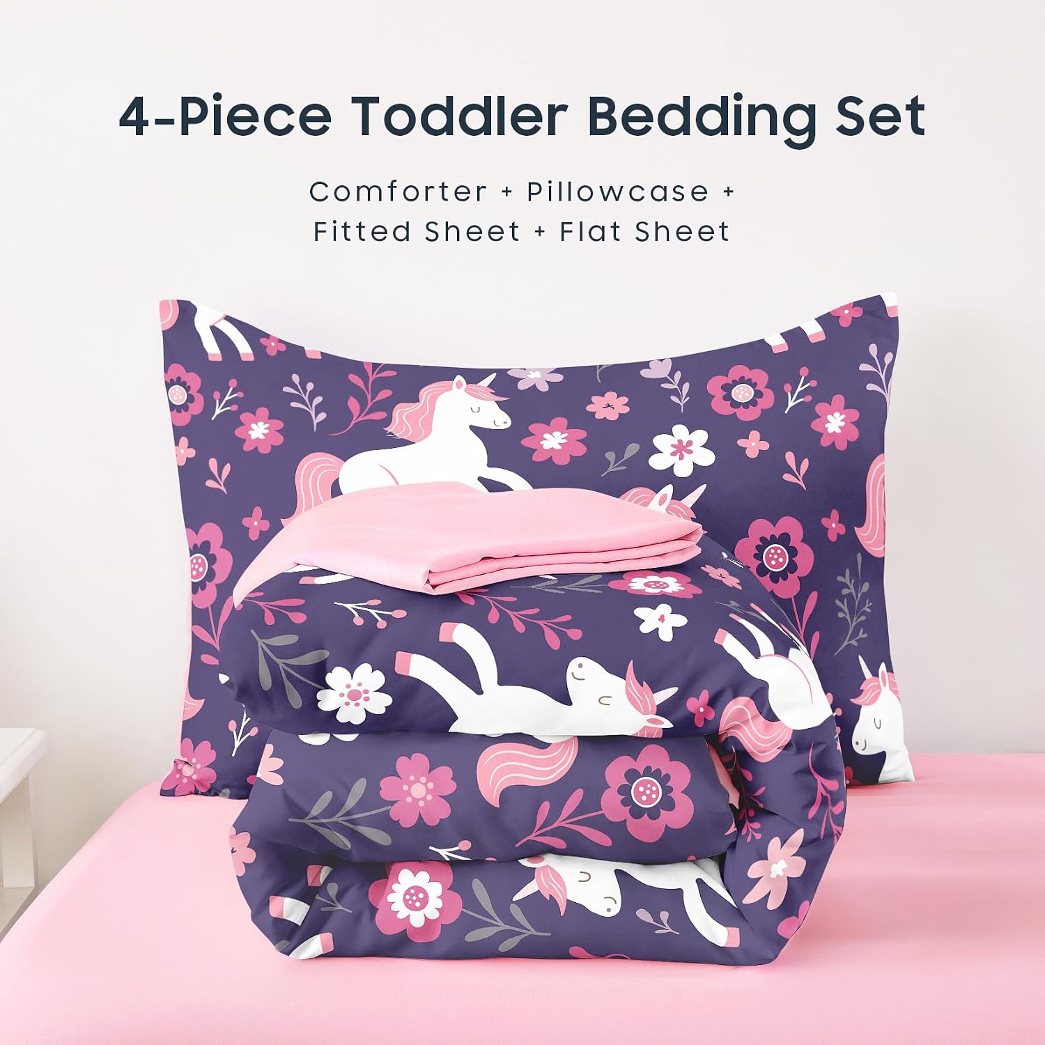 Wake In Cloud - Toddler Bedding Set for Girls, Cute Unicorn Floral Botanical, 4 Pieces Soft Crib Bed Set Including Comforter, Sheets and Pillowcase, Dark Purple