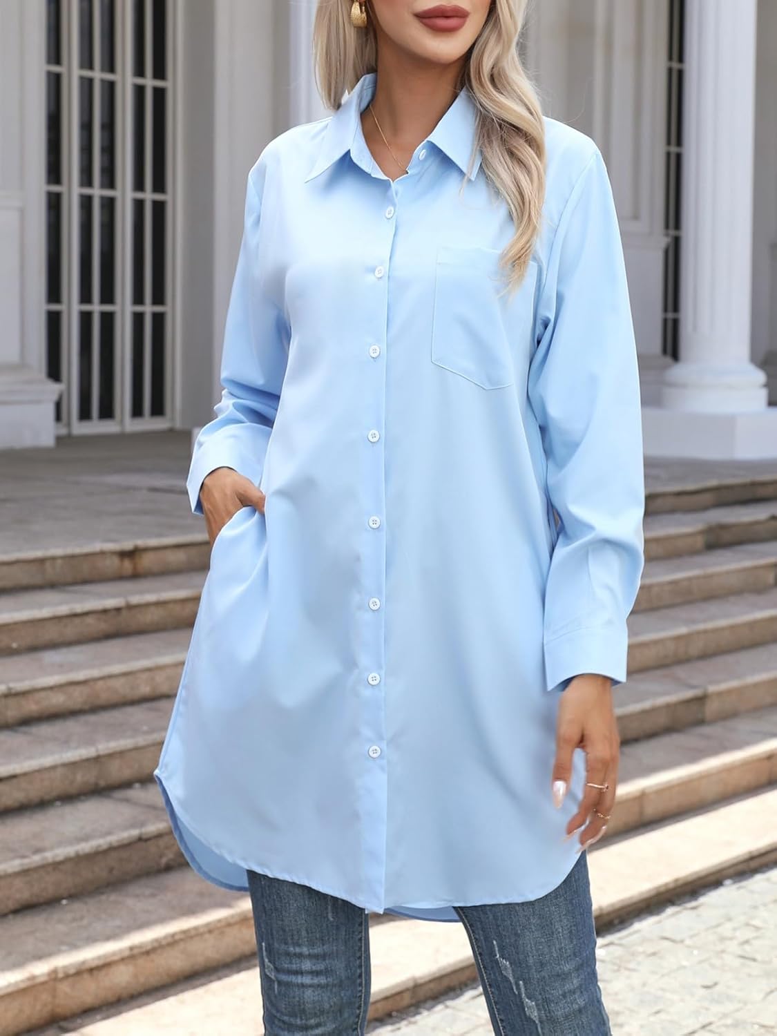 Wowcarbazole Womens Button Down Shirt Dresses Casual Long Sleeve Collared Shirts Oversized Blouse Tops with Pocket - Image 4