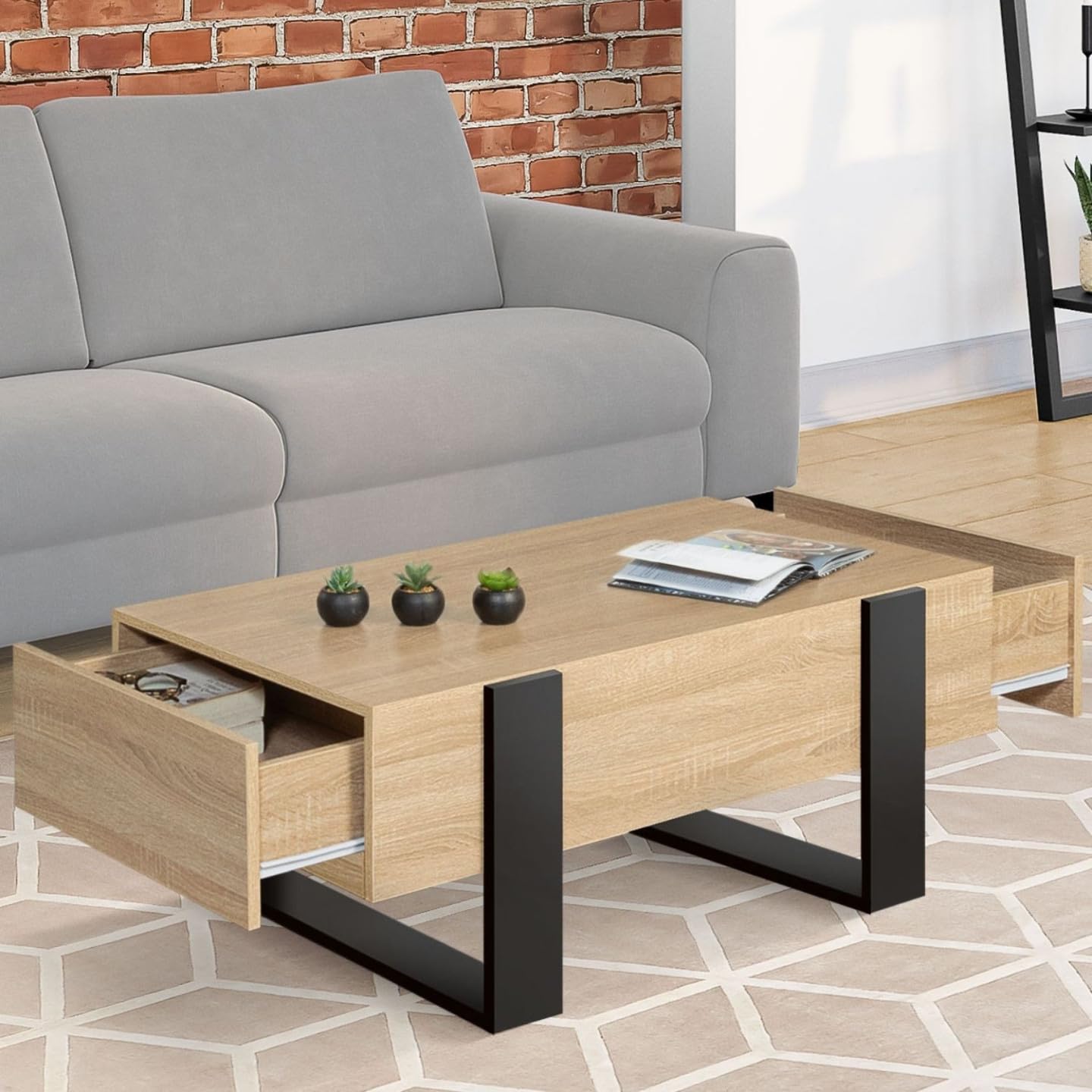 IDMarket - Mesa de centro rectangular Phoenix con cajones 100 cm madera y negro