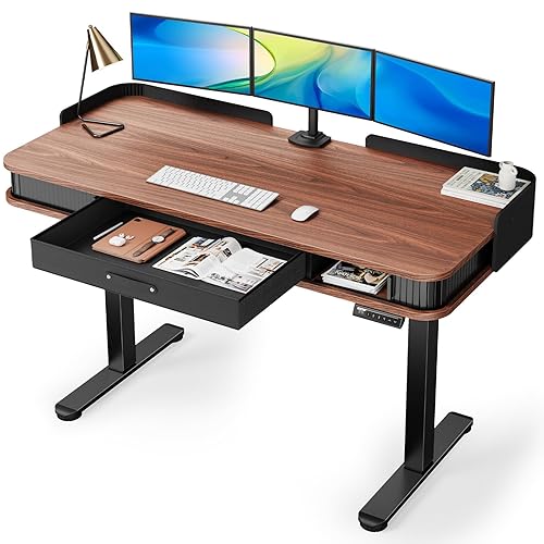 Marsail Standing Desk, Whole-Piece Desktop Computer Desk, 55 x 28 Inches Adjustable Desk with 3 Drawers, Home Office Desks with 3 Memory Prese - Modern - Black Walnut - 55x24 Inch