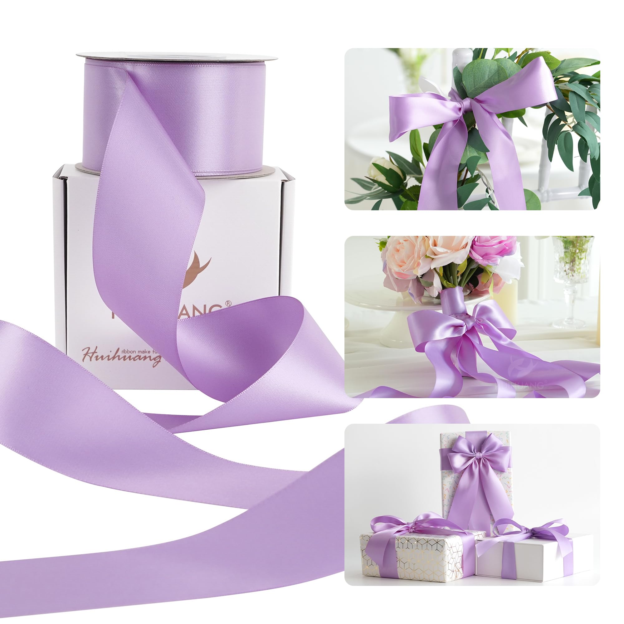 HUIHUANG Lilac Satin Ribbon 2 inch Wide Double Faced Satin Ribbon Lilac Purple Ribbon for Gift Wrapping, Bows Making, Flower Bouquet, DIY Crafts,