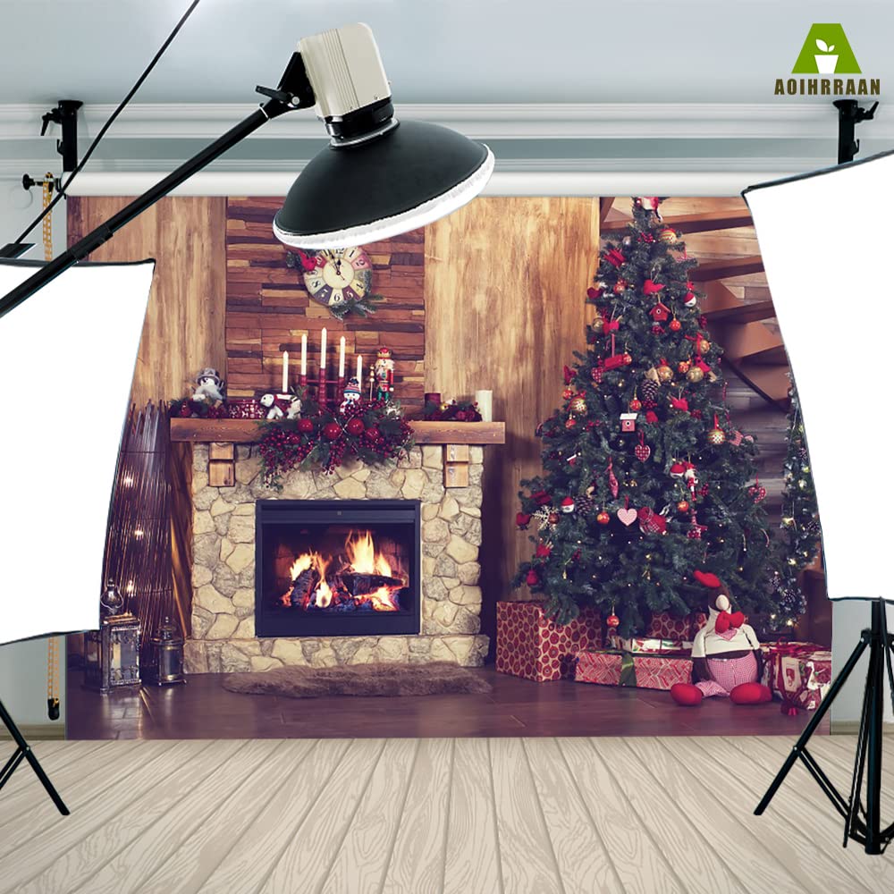 Aoihrraan 3x2m Vintage Natale Camino Fotografia Sfondo Glitter Natale alberi masterizzazione fuoco retrò casa Sfondo Capodanno Festival Famiglia Festa Banner Forniture Bambini Ritratto Foto Prop