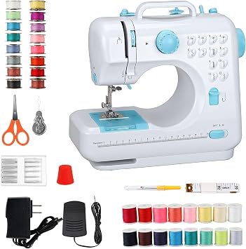 Mini Sewing Machine for Beginners, Portable with Dual Speed, 12 Stitches, Foot Pedal and Accessories Kit for Home Quick Repairs DIY Crafts & Gift, Blue