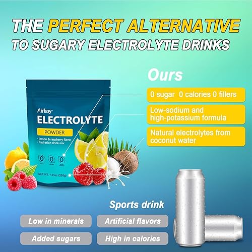 Miniatura 7 de Airboy Electrolitos en polvo sin azúcar, mezcla de electrolitos Keto, 1000 mg de potasio, bajo en sodio, sabor a frambuesa y limón, suplemento de