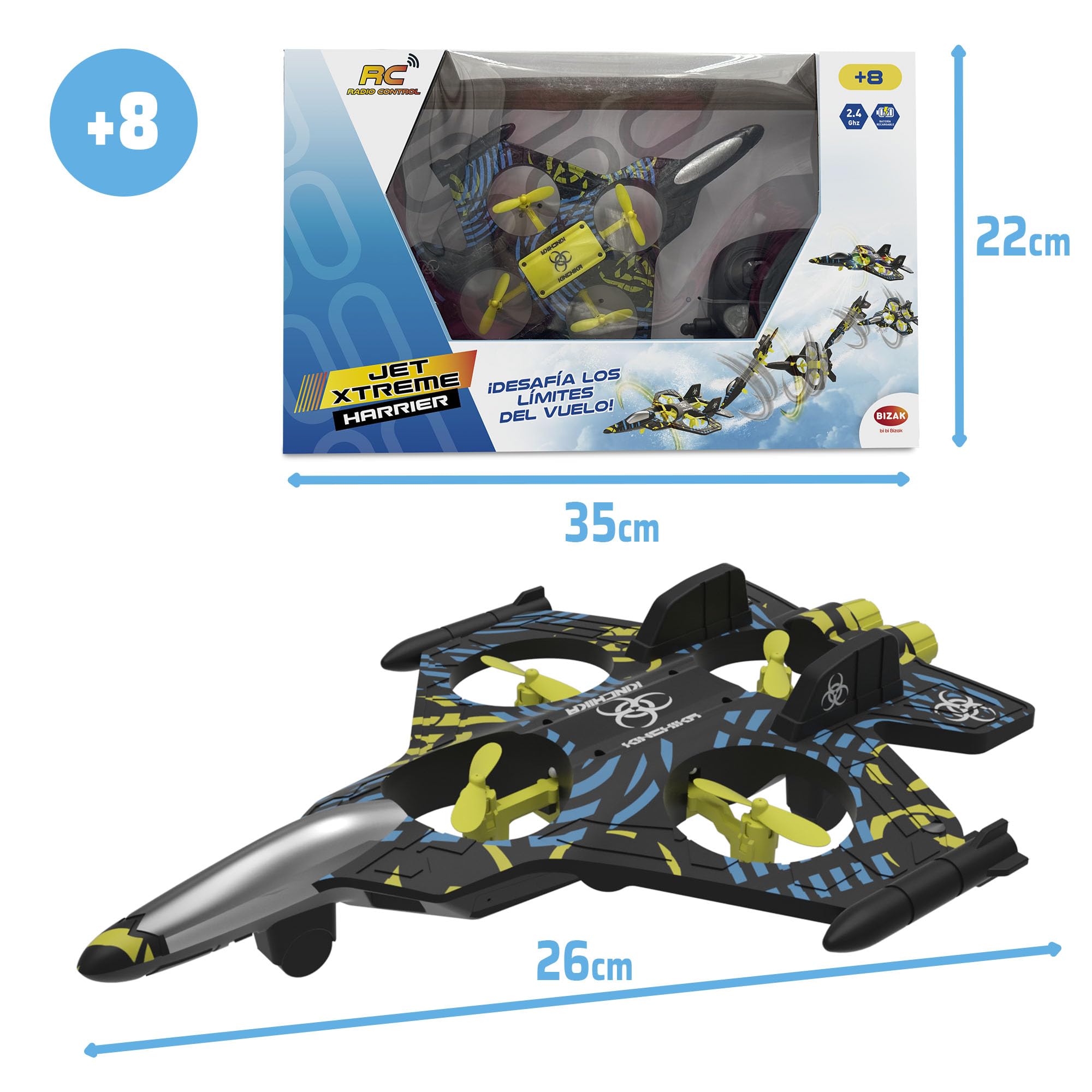 Bizak Jet Xtreme Harrier Aereo RC 4 Canali, Acrobazie e Decollo Automatico, Stabile e Preciso, Luci LED, +8 anni, (65430001)