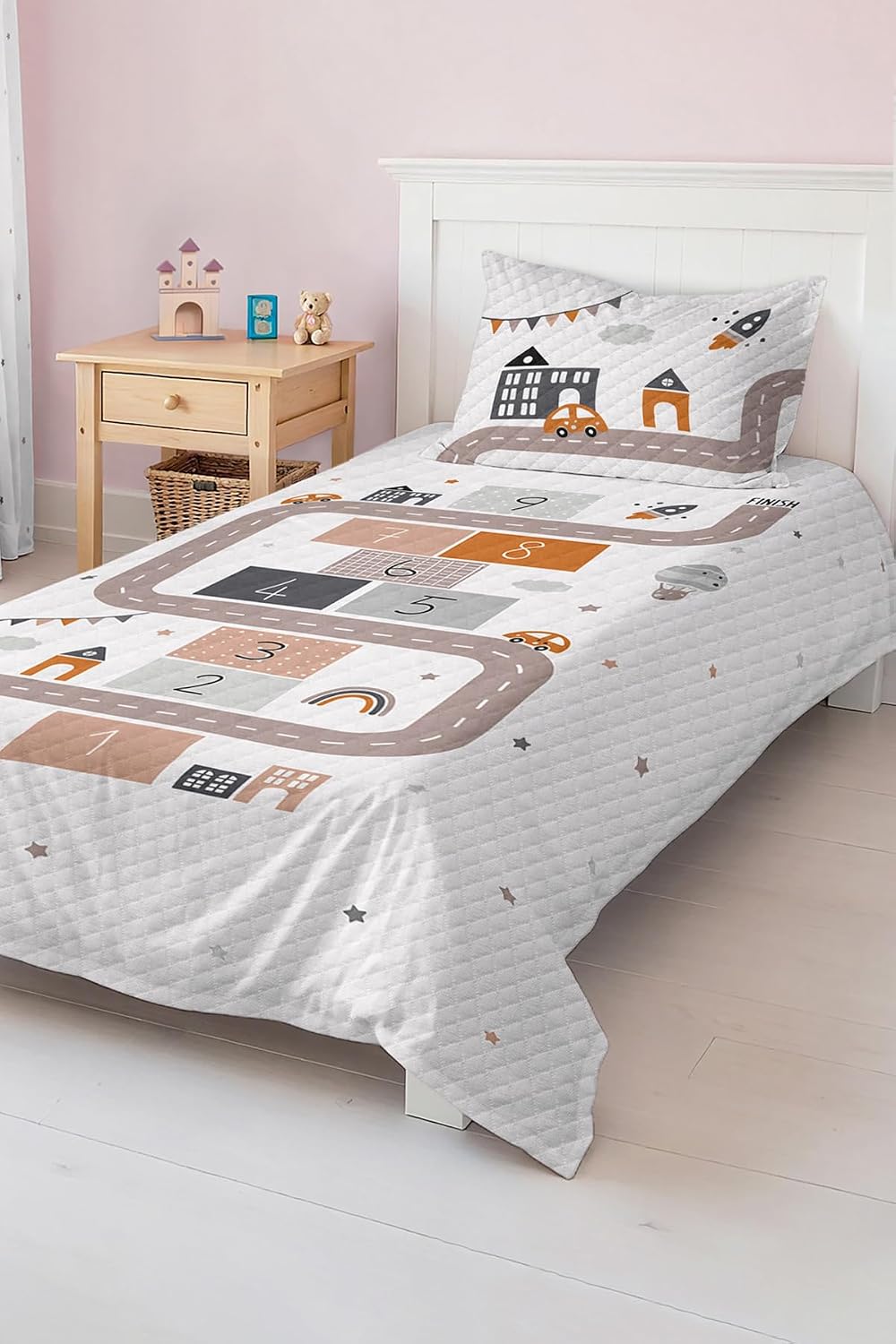 SODEF Bedding Set Kids Room Car and Road Patterned Lightweight Quilt Set, Breathable Cotton Polyester Blend, Includes Quilt and Pillowcase, Twin Size - Multicolor, One Size