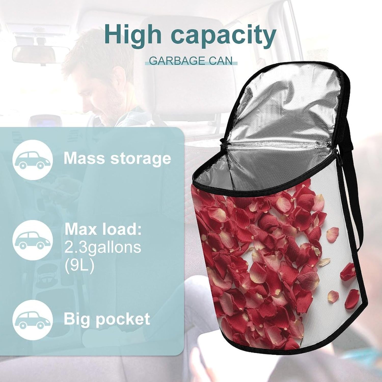 Petals Form Heart Shape Car Trash Can Bin Bag Waterproof Car Garbage Can Bag Trash Can for Car Car Trash Can for Women Men Garbage Can for Car Car Trash Can with Lid Trash for Car Trucks Rvs