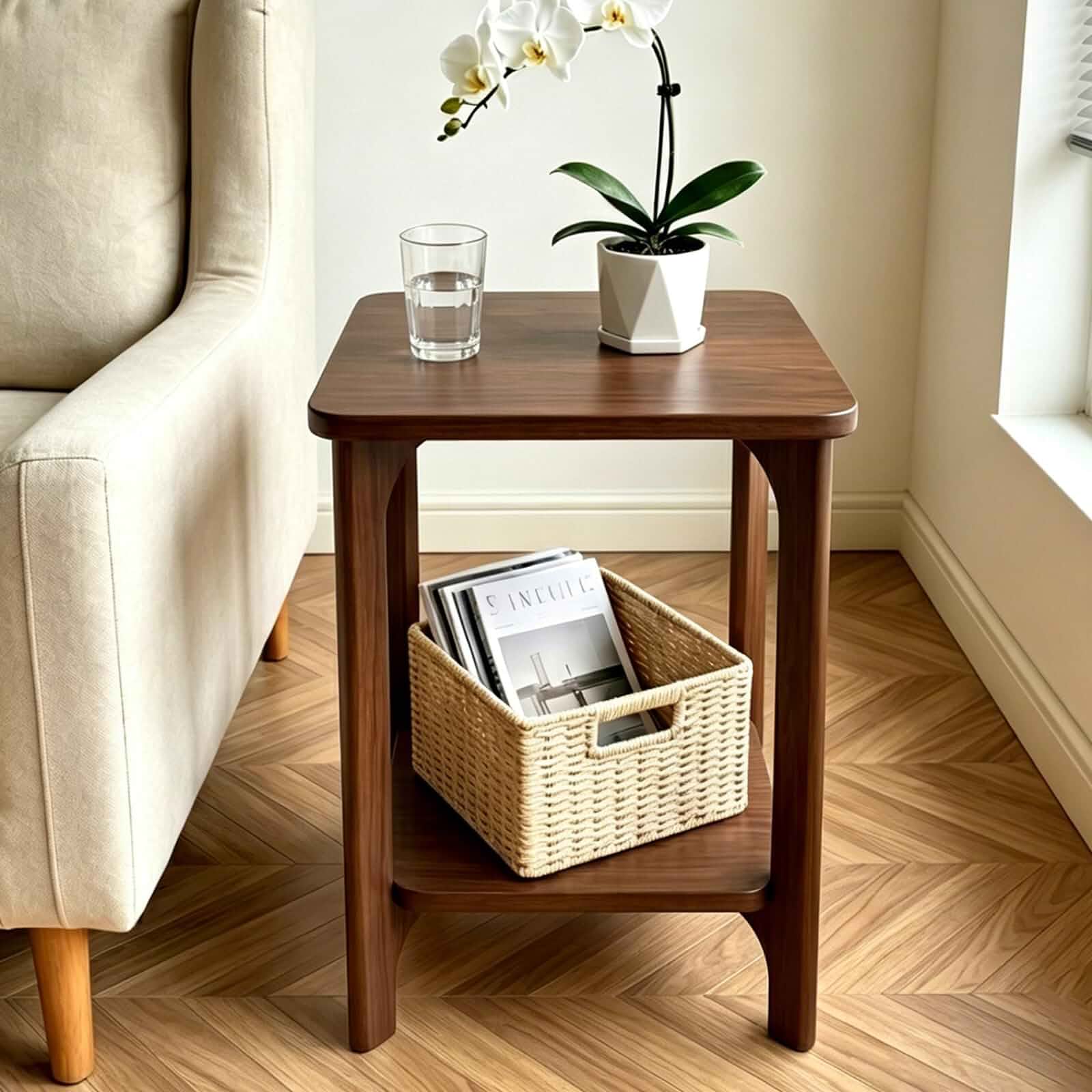 Solid Wood Small Square Side Table for Living Room, Bedroom 2-Tier Wooden End Table/Nightstand/Bedside Table, Mid Century Modern Nightstand, Easy Assembly (Walnut)