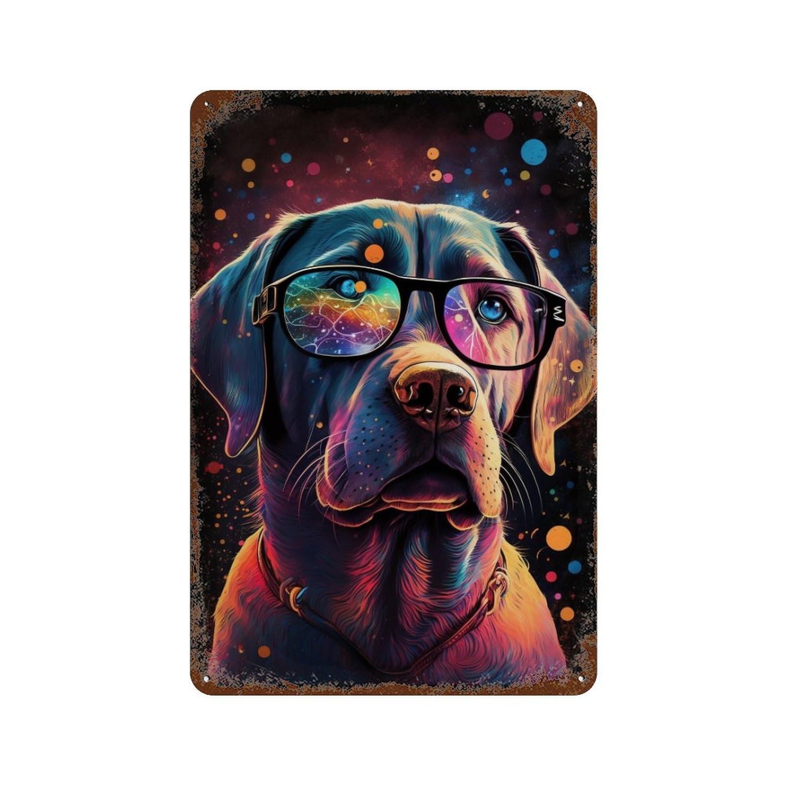 Colorful Labrador Glasses Art Print Vintage Rust Metal Sign 11.8"x7.9", Shabby Chic Decor for Living Room, Hallway And Home Decor