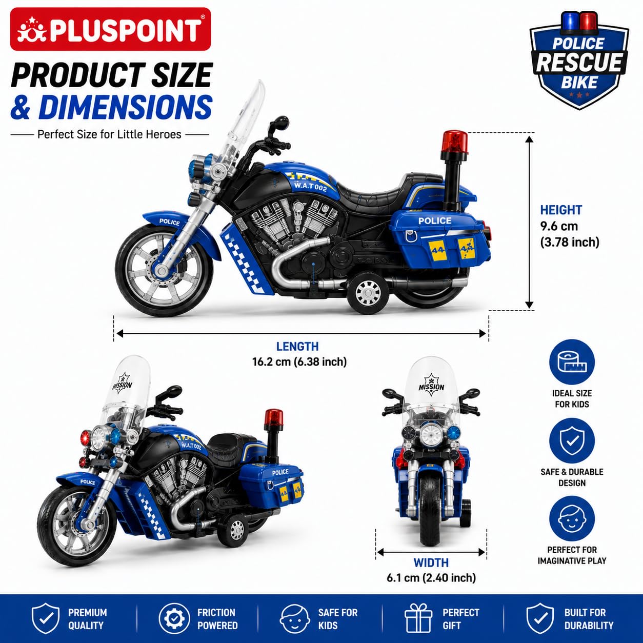 PLUSPOINT Police Rescue Bike Toy for Kids | Friction Powered Push & Go Police Motorcycle with Lights & Music | Emergency Vehicle Simulation Toy for Boys & Girls Age 3-6 Years 4