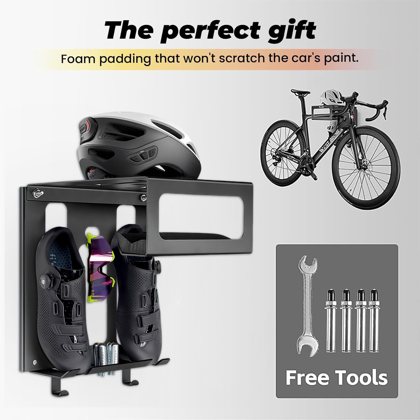 Support Velo Mural, avec Espace Rangement pour Casque et Chaussures Velo Route, Porte Velo Mural avec 2 Sangles Porte-Vélo, Crochet Velo Mural idéal comme Poste de Réparation