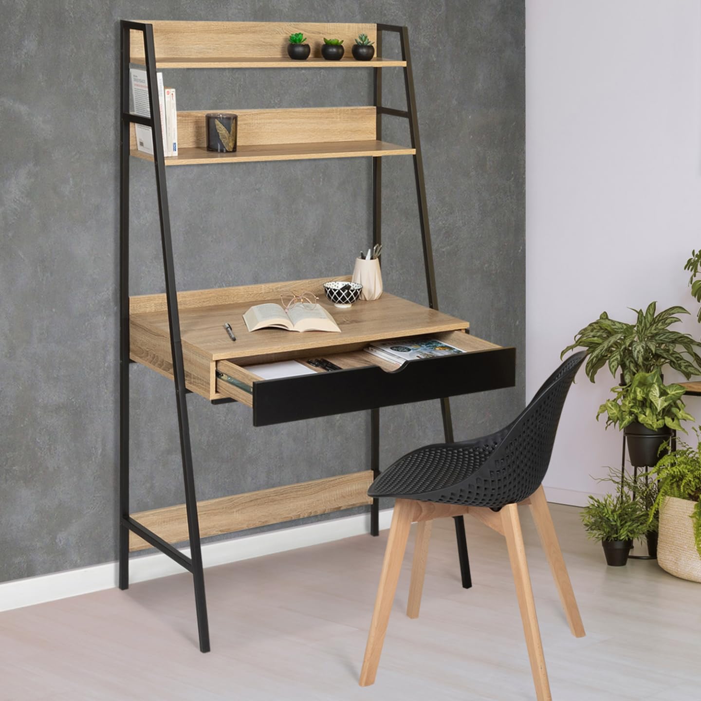 IDMarket - Bureau étagère 1 tiroir Noir Boston Design Industriel