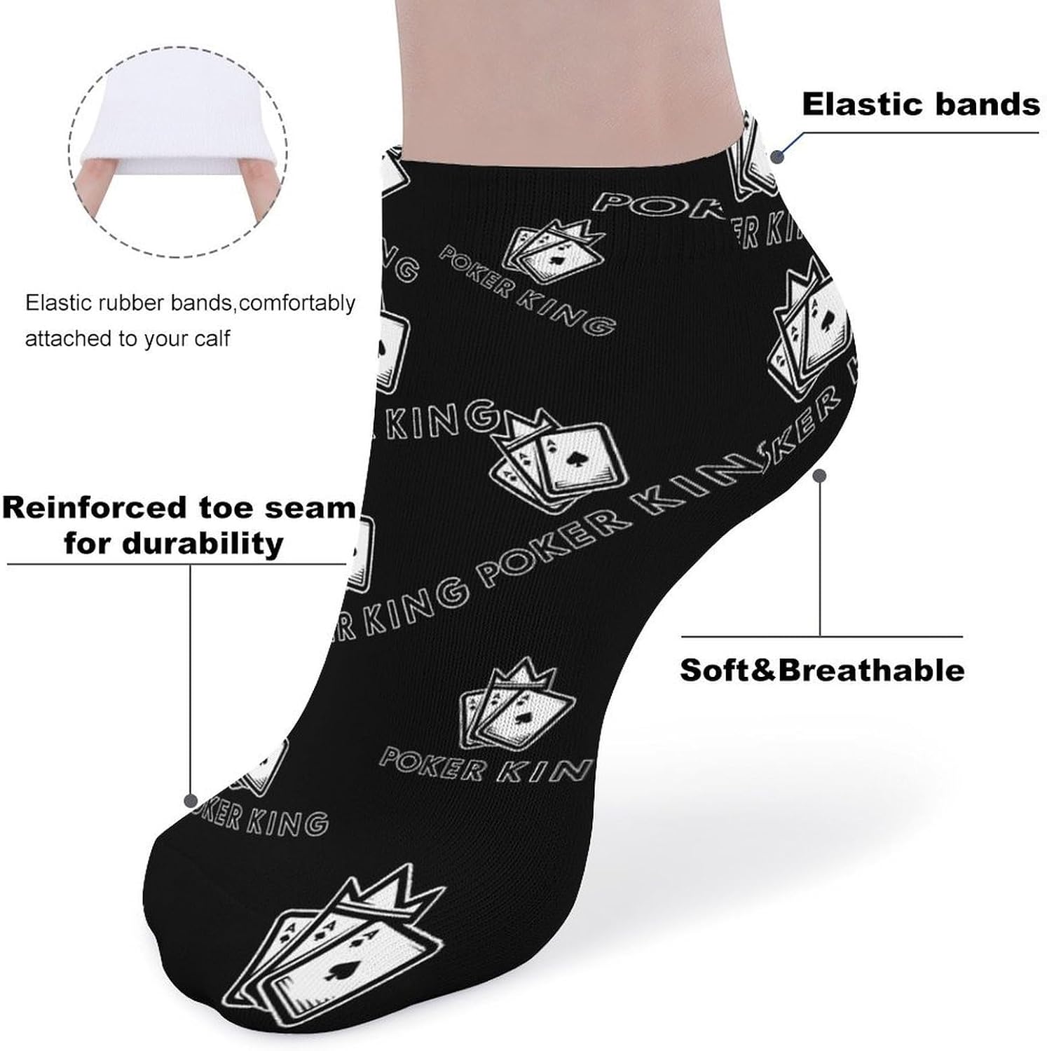 Ace1 Poker King No Show Ankle Socks Low Cut Non Slip Flat Boat Line 5 Pairs Set