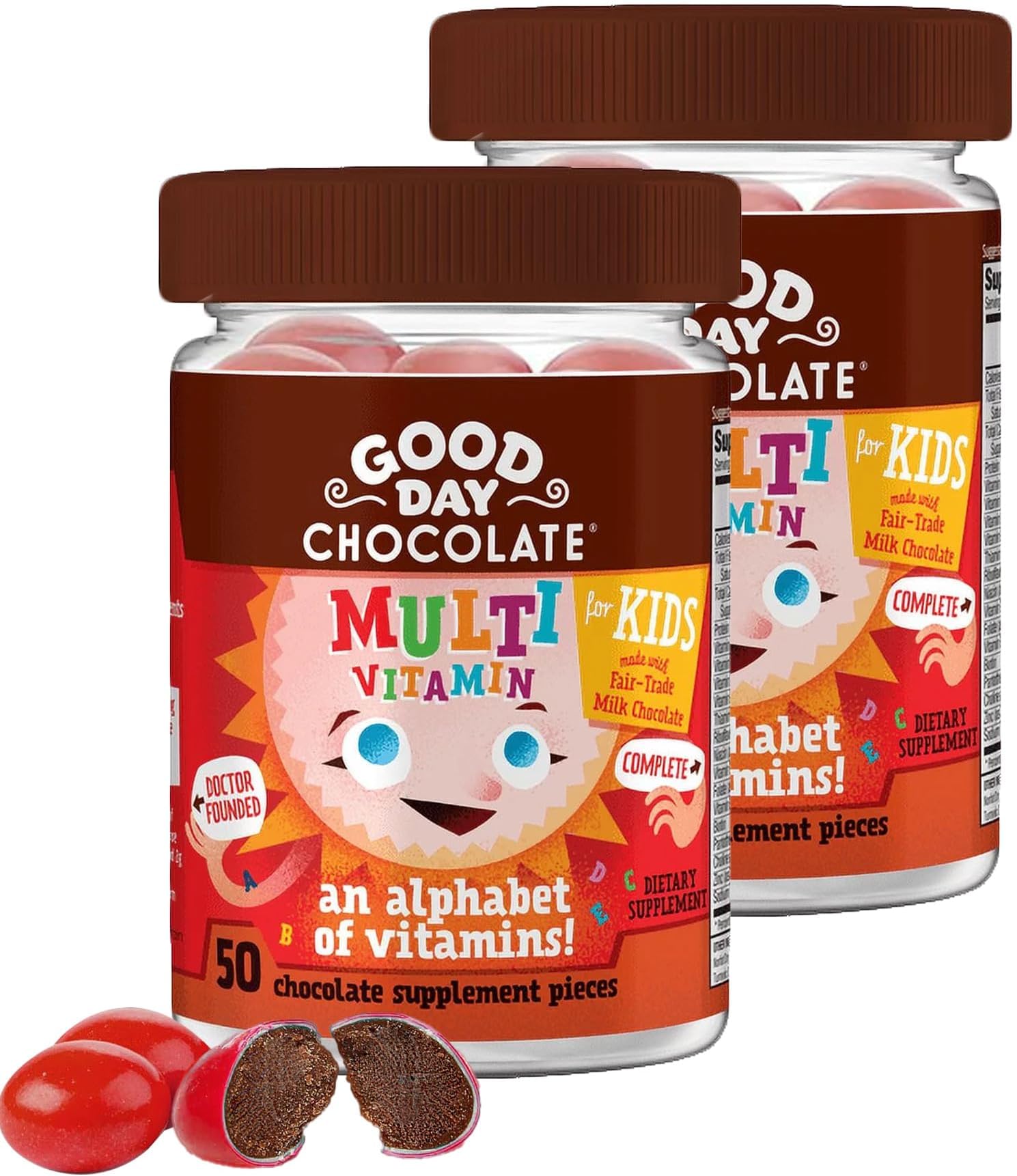 Complete Multivitamin for Kids, Daily Supplement of Vitamins A, B6, B12, C, D, E, Folate and Biotin, Fair Trade and Non-GMO Chocolate, 2 Pack
