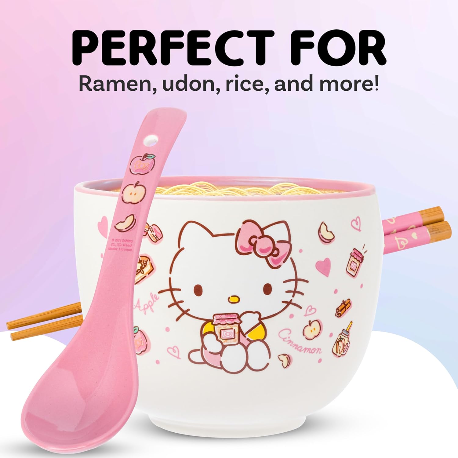 Silver Buffalo Sanrio Hello Kitty Apples and Cinnamon Ceramic Ramen Noodle Rice Bowl with Chopsticks and Spoon, Microwave Safe, 20 Ounces - Image 4
