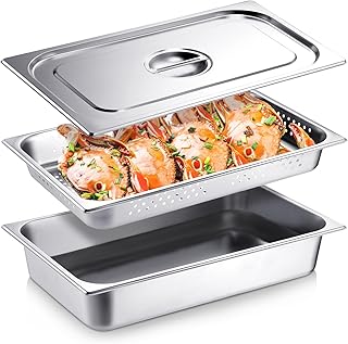 Ferraycle 3 Pack Full Size 2.6 Inch, 4 Inch Hotel Pan with Lid Perforated Steam Table Pan Restaurant Supplies for Kitchen, Steam Table Tray for Food Warmer