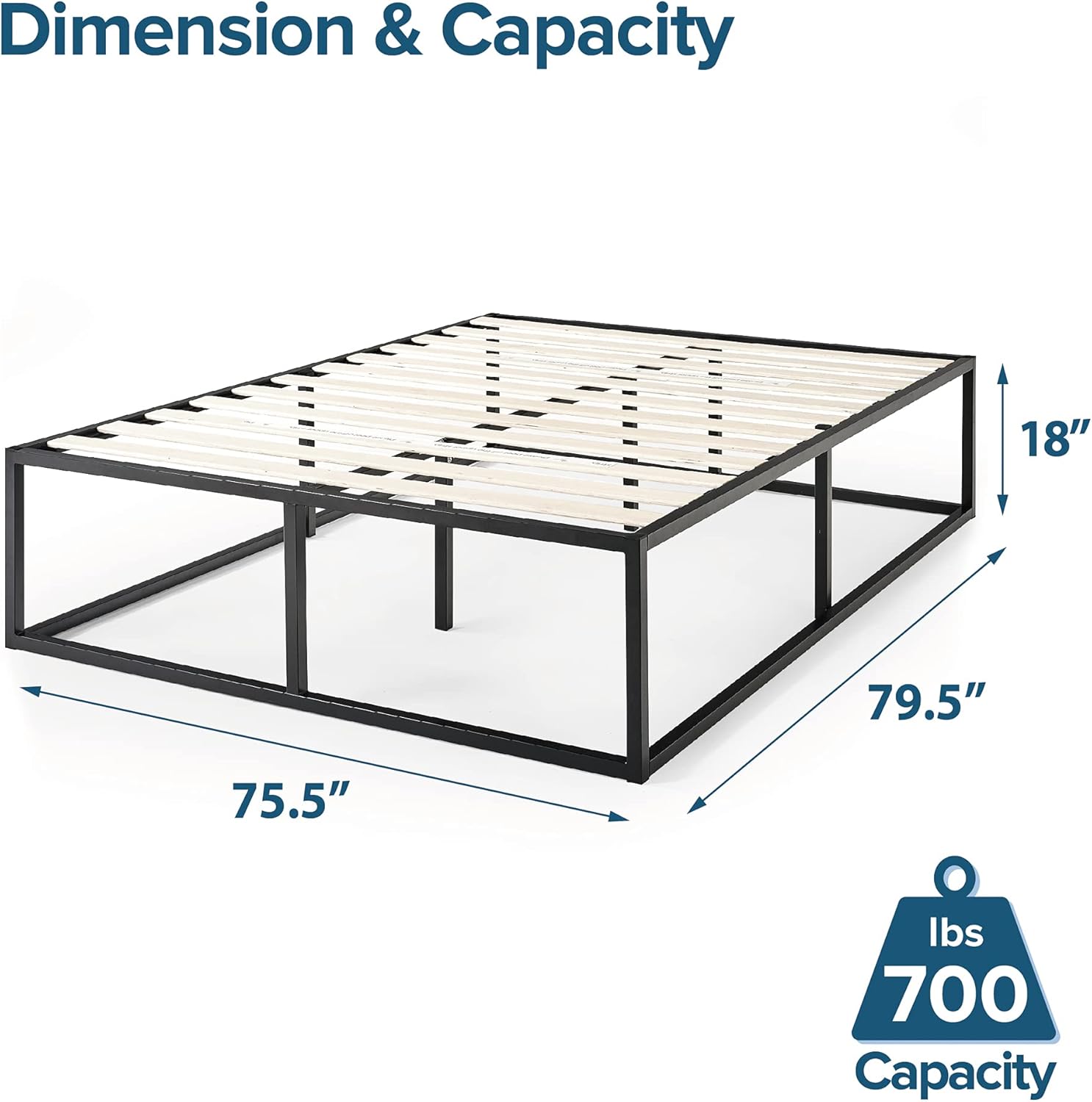 Diagram showing dimensions of the ZINUS Joseph bed frame and 700 lbs capacity