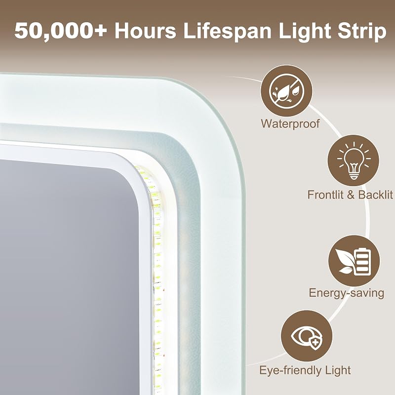 STARLEAD 80x60 cm Fürdőszobai LED Tükör - Szabályozható Fényerő, 3 Színhőmérséklet, Páramentesítő, Bluetooth Hangszóró, Edzett Üveg, IP44