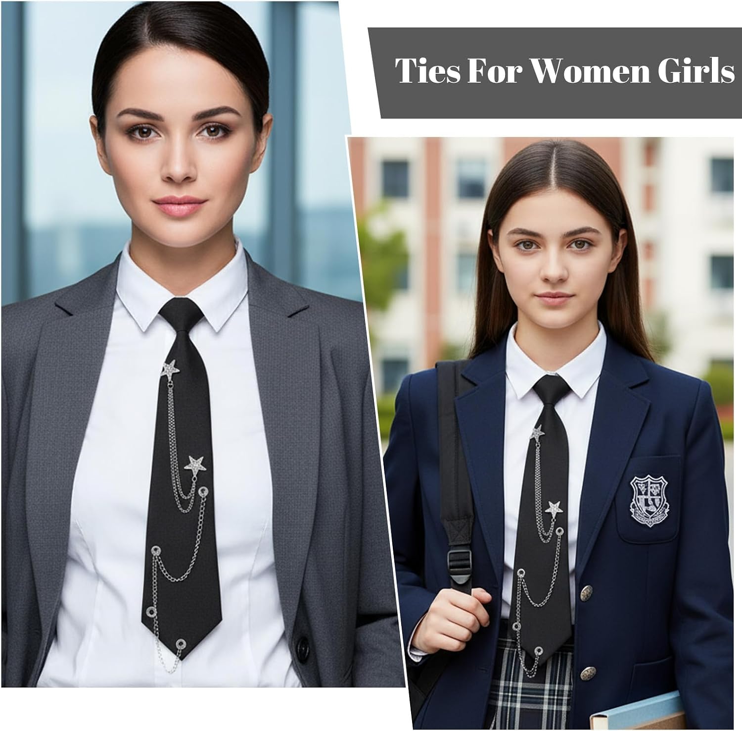 ElevateTech Ties for Women Pre-Tied Tie for Womens Necktie Punk Metal Chain Necktie Vintage Adjustable