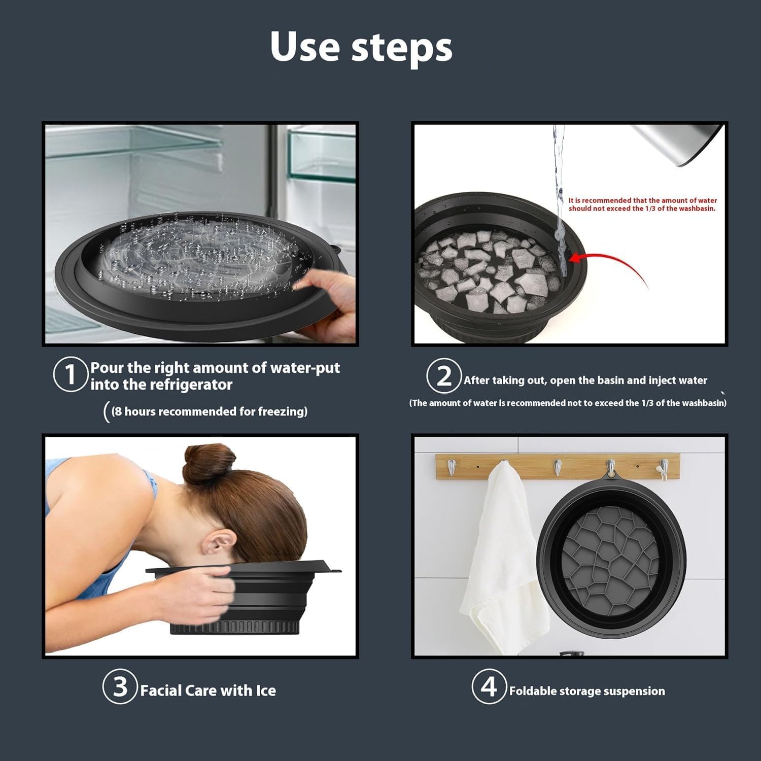 ELUYANI Face Bowl for Ice with Built-in Icetray, Portable Foldable Silicone Ice Facial Bowl, for Home Ice Bath Facial Plunge Bowl, Black 3