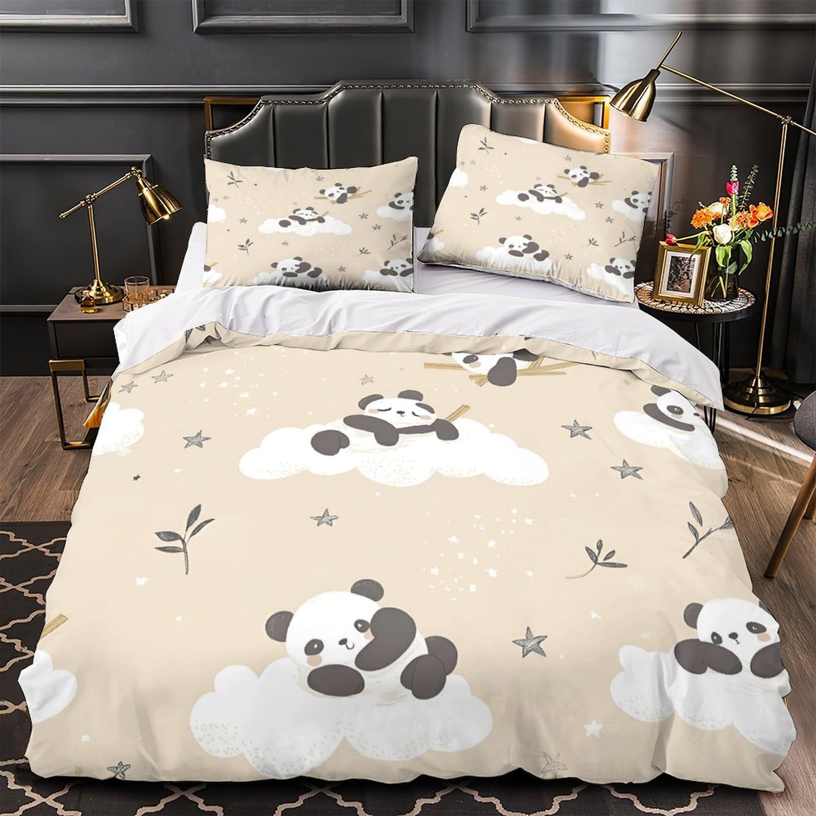 Housse de couette panda anti-plis et facile d'entretien pour lit 1 personne avec taie