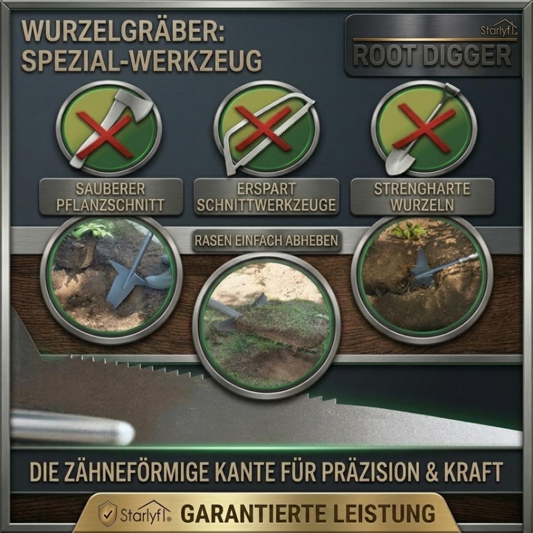 STARLYF Spaten Root Digger Wurzelspaten, Mehrzweckschaufel mit Schneidspitze, 124cm aus Manganstahl, 360-Grad-Griff, robust und langlebig