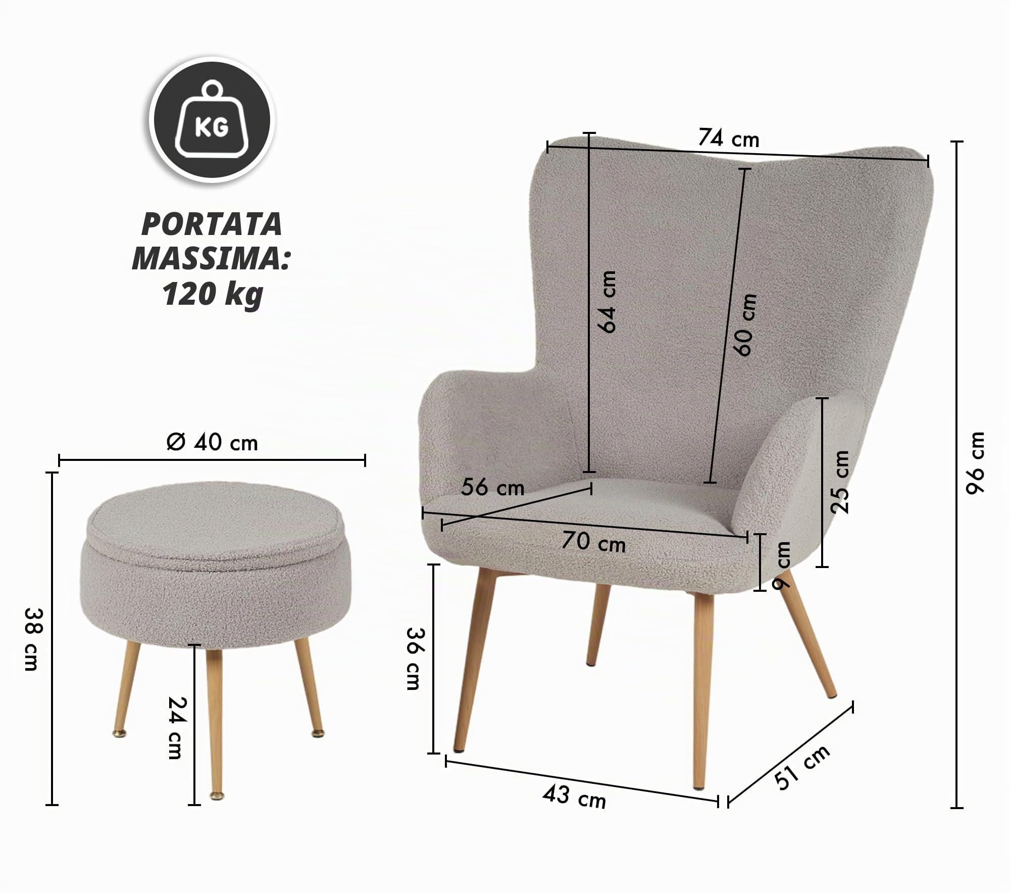 IlGruppone Poltrona Imbottita Ergonomica con Schienale E Braccioli con Poggiapiedi Contenitore Camera da Letto Salotto Moderna Pouf Sedia Effetto Teddy Morbida - Grigio