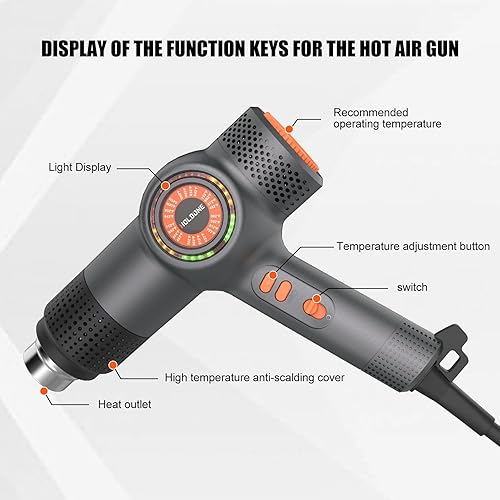 Miniatura 3 de Heat Gun Fast Heating 1800W 122℉-1202℉ LED 3-color light to display temperature Shrink wrap heat gun with 4 Nozzles for Soften,Car film,Drying