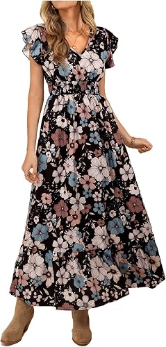 winkbay Women's Floral Boho Maxi Dress V Neck Cap Sleeve A-Line Flowy Casual Dre
