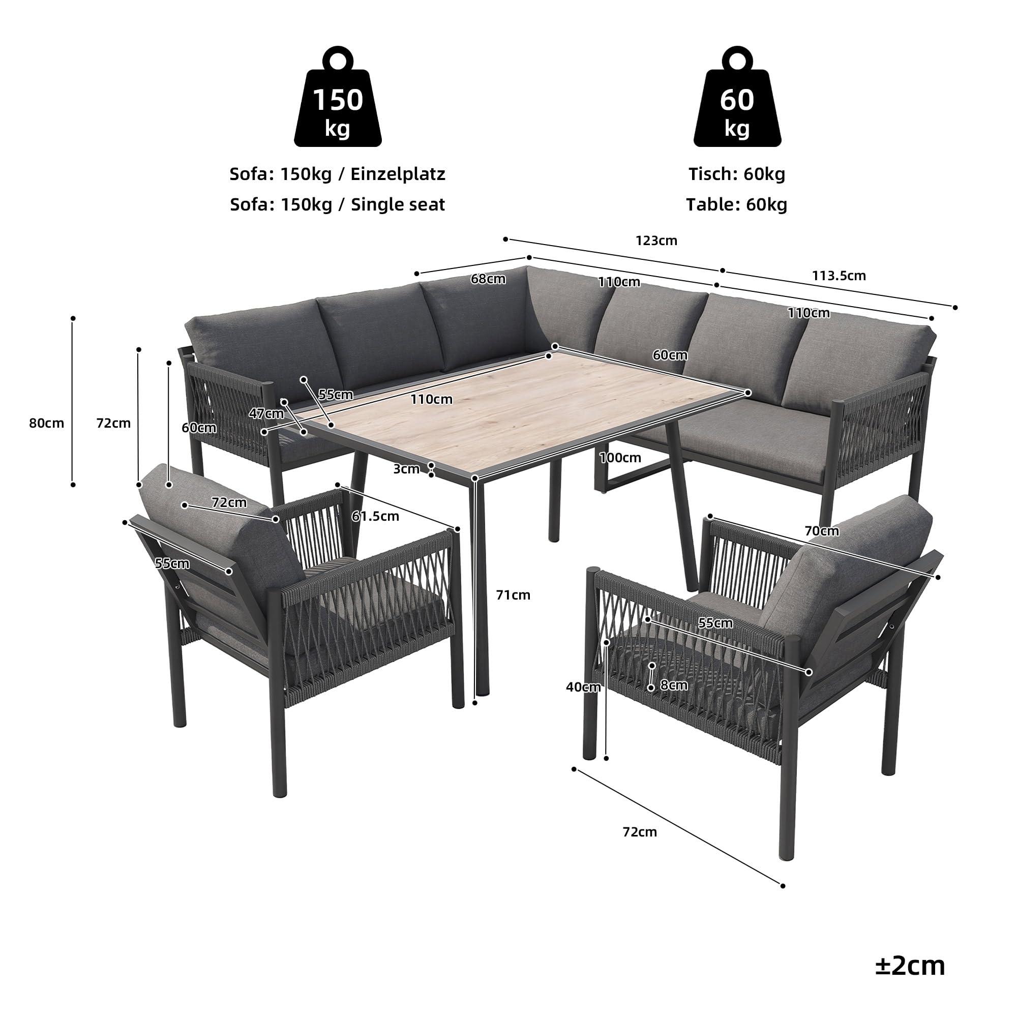 Conjunto de muebles de jardín para exteriores, sofá de jardín en forma de L para 7-8 personas, incluye 1 mesa con tablero de vidrio de imitación de madera y 2 sillones trenzados a mano, para