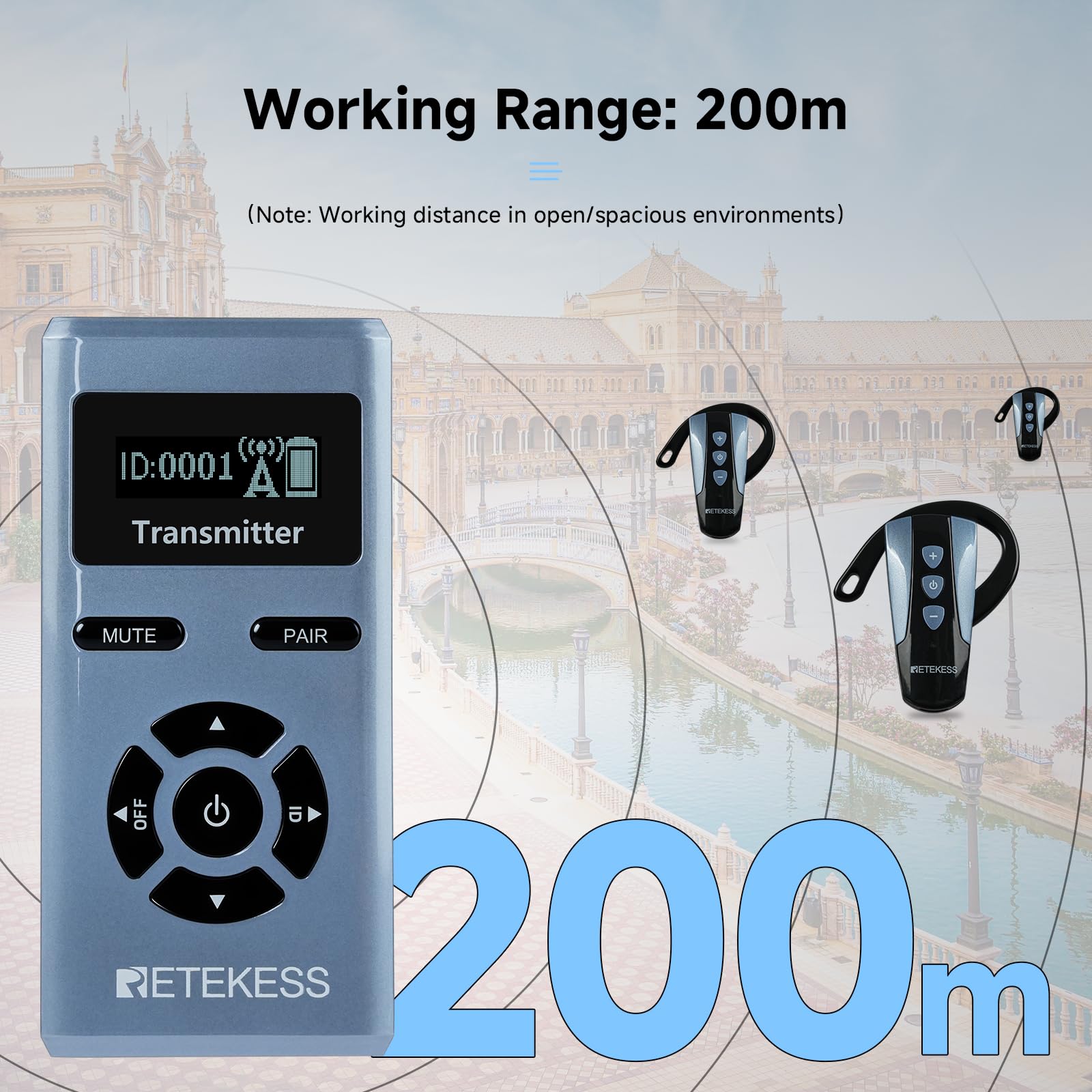 Retekess TT106S Casques pour Guides Touristiques, Mini Récepteur de Crochet d'oreille,2.4G, 200m de Distance de Travail, AUX, Contrôle à Une Touche, Design à Gros Boutons, pour Conférences, Voyages
