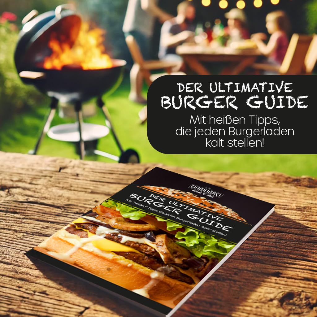 DREIBERG® Smash Hamburger Set in acciaio inox per plancha, barbecue a gas, teppanyaki con spatola per barbecue, carta hamburger, campana da scioglimento, pressa per barbecue, spargere spezie e