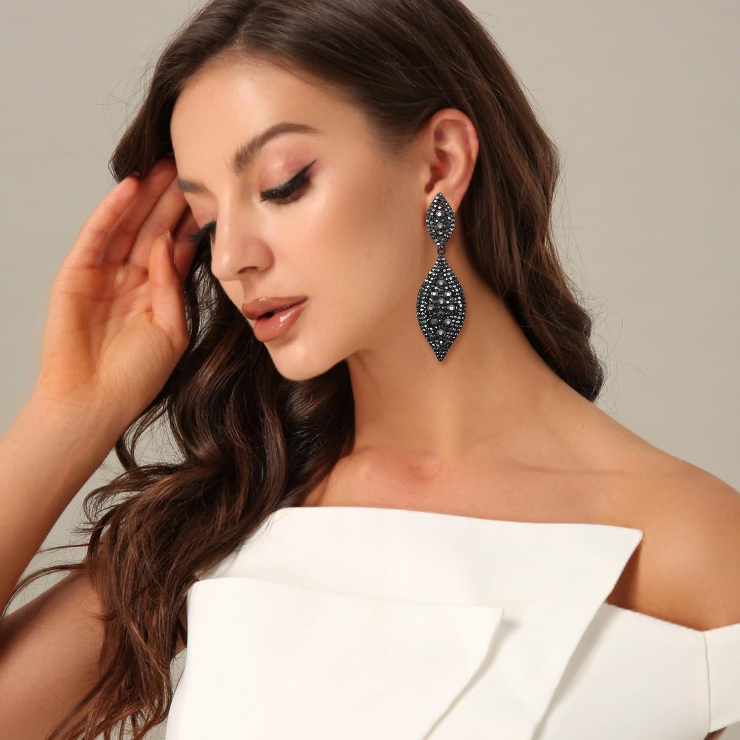 Flyonce Women's Rhinestone Crystal Wedding Bridal 2 Leaf Drop Dangle Chandelier Earrings - Image 2