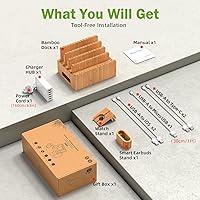 Vista 6 de Pezin & Hulin Estación de carga de bambú para múltiples dispositivos con cargador USB de 5 puertos, 5 cables, soporte para reloj y auriculares