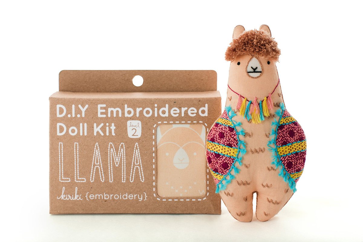 Kiriki Press DIY Embroidery Doll Kit - Skill Level 2 - Beginner to Advanced Embroidery Kits for Adults Teens (3 Skill Levels) Animal Embroidery Kit - Screen Printed Pattern (Llama - Level 2)