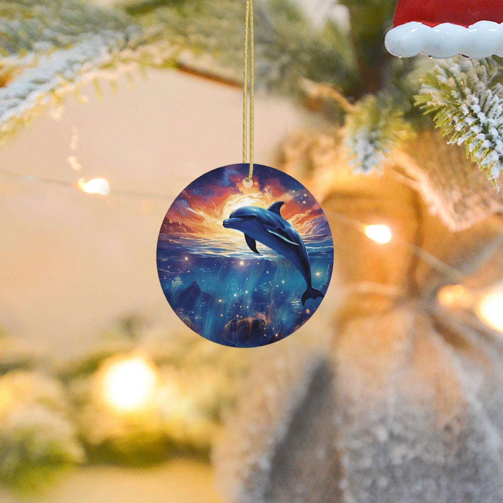 Christmas Tree Ornaments Ceramics Christmas Round Decorations Ocean Dolphin Ceramics Ornaments Circle Pentagram Xmas Tree Hanging Pendant for Christmas Tree Party Holiday Home Decor