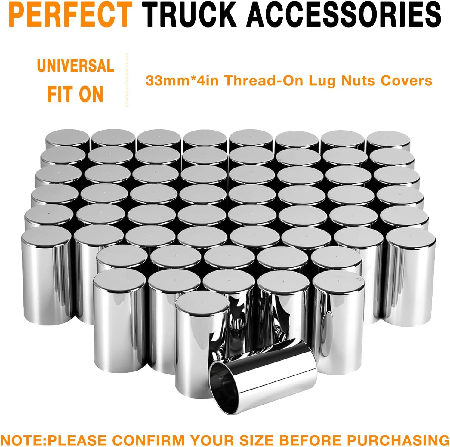 33mm by 4 Inch Height Cylinder Chrome Lug Nut Covers ABS Plastic Anti-Rust M22X1.5 Thread Size Nut Cover Caps for Semi Trucks Trailers (Pack of 60)