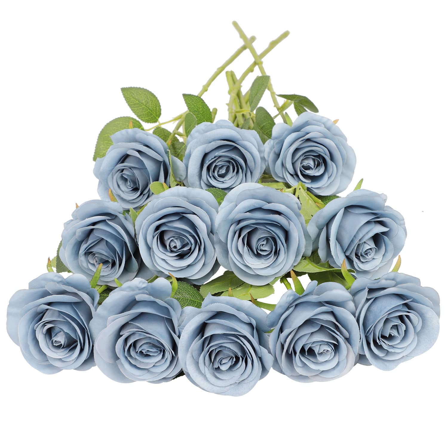 JUSMAI 12pcs Roses Artificial Flowers Dusty Blue Silk Roses with Long Stems Fake Flowers for Wedding Bouquet Centerpices Decorations Party Bridal Baby Shower Home Decor