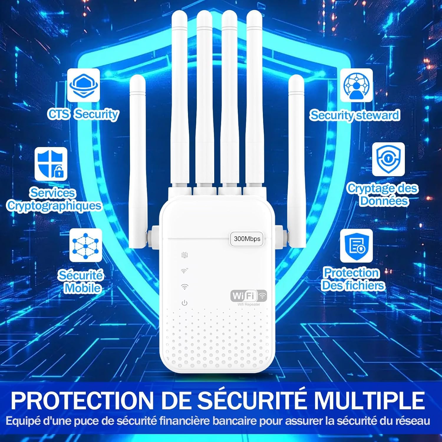 Répéteur WiFi,Amplificateur WiFi,repeteur WiFi Puissant avec 6 Antennes Puissantes,2 Ports LAN,Mode Répéteur & Routeur & AP,repeteur WiFi Exterieur Couverture WiFi de 1000 m²,Facile à Installer