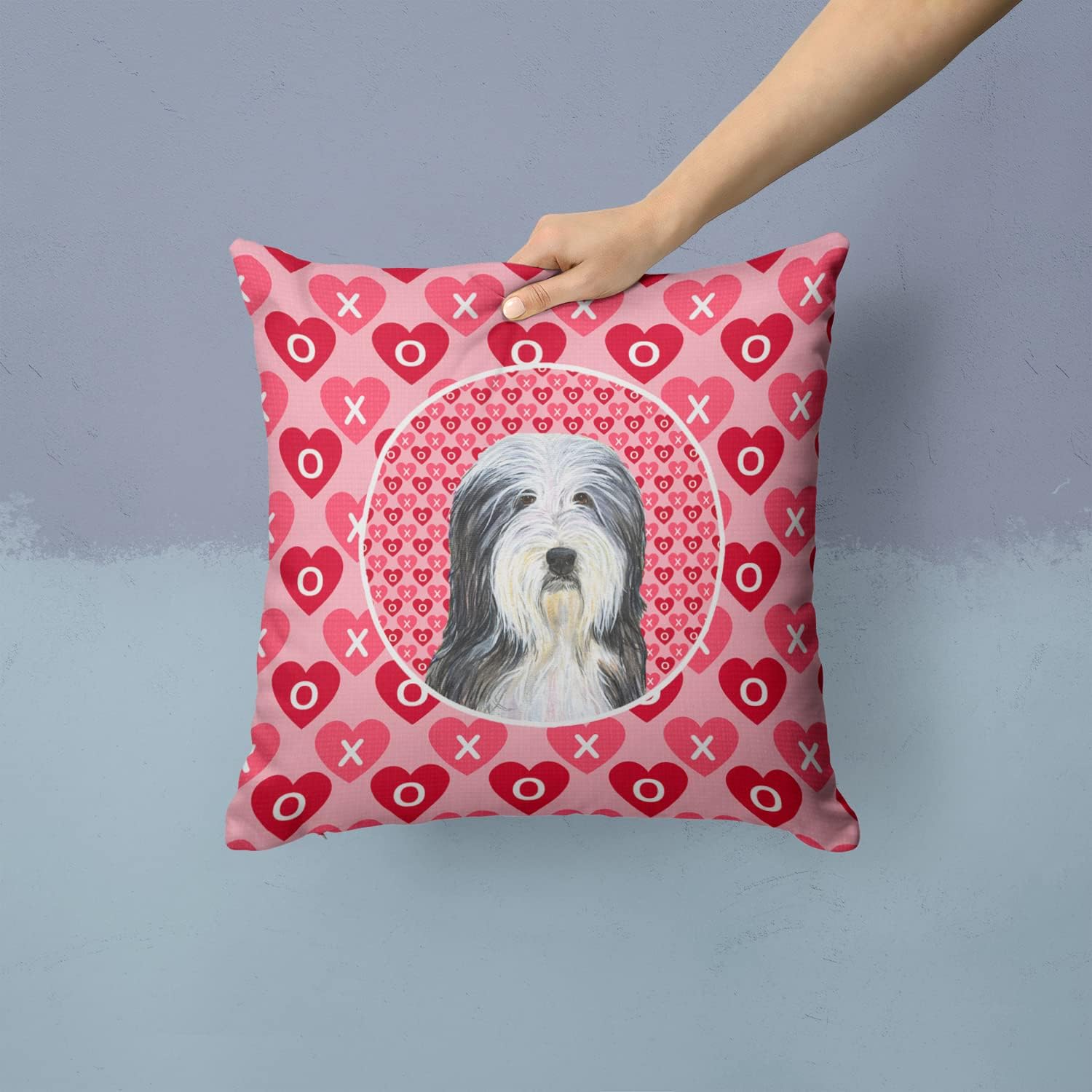Caroline's Treasures SS4497PW1414 Bearded Collie Hearts Love and Valentine's Day Portrait Fabric Decorative Pillow Machine Washable, Indoor Outdoor Decorative Pillow for Couch, Bed or Patio, 14Hx14W