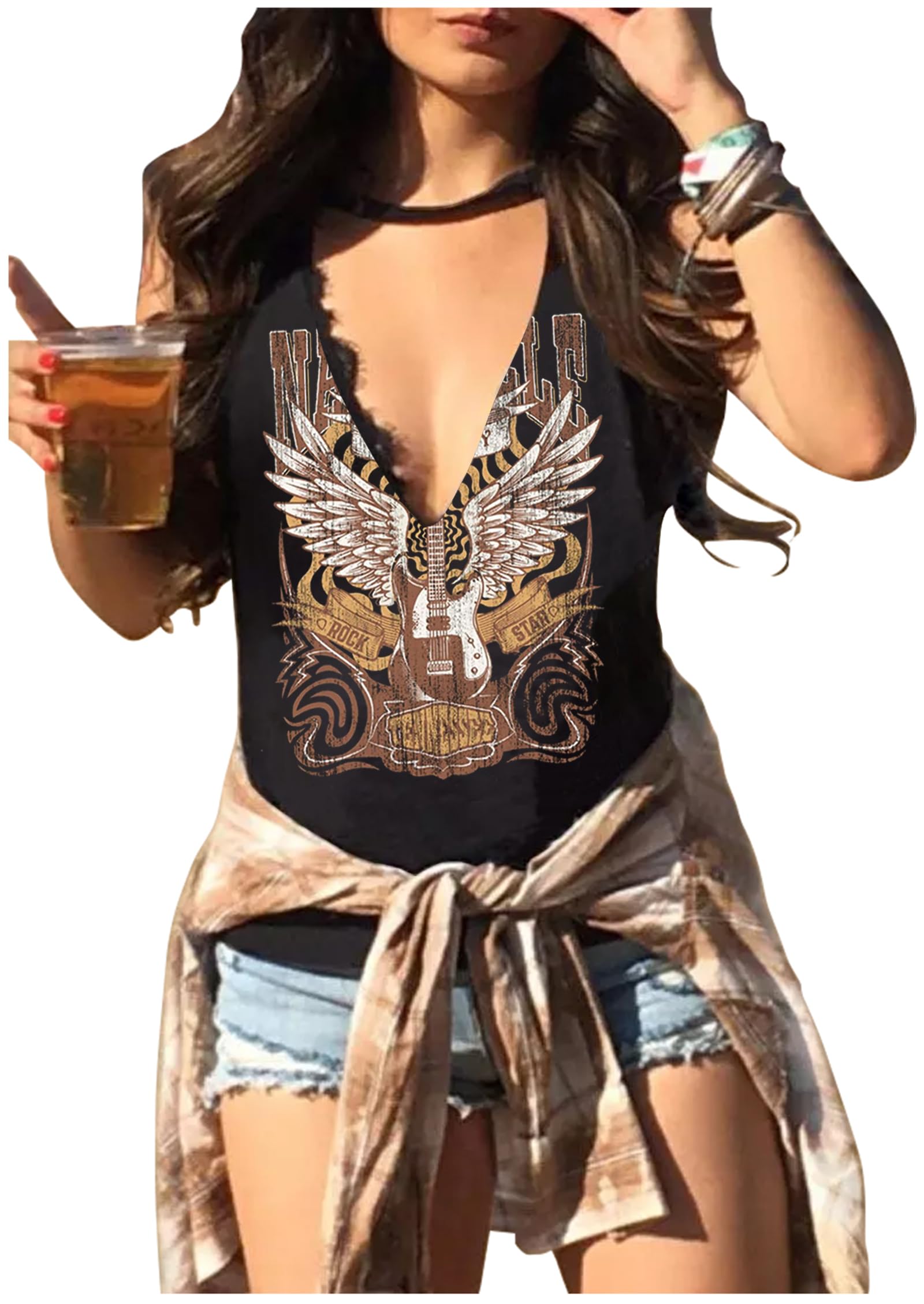 Summer Deep V Neck Tank Tops for Women Western Country Sleeveless Tee Shirts Teen Girls Sexy Casual Concert Tops Outfits: Small Nashville Black