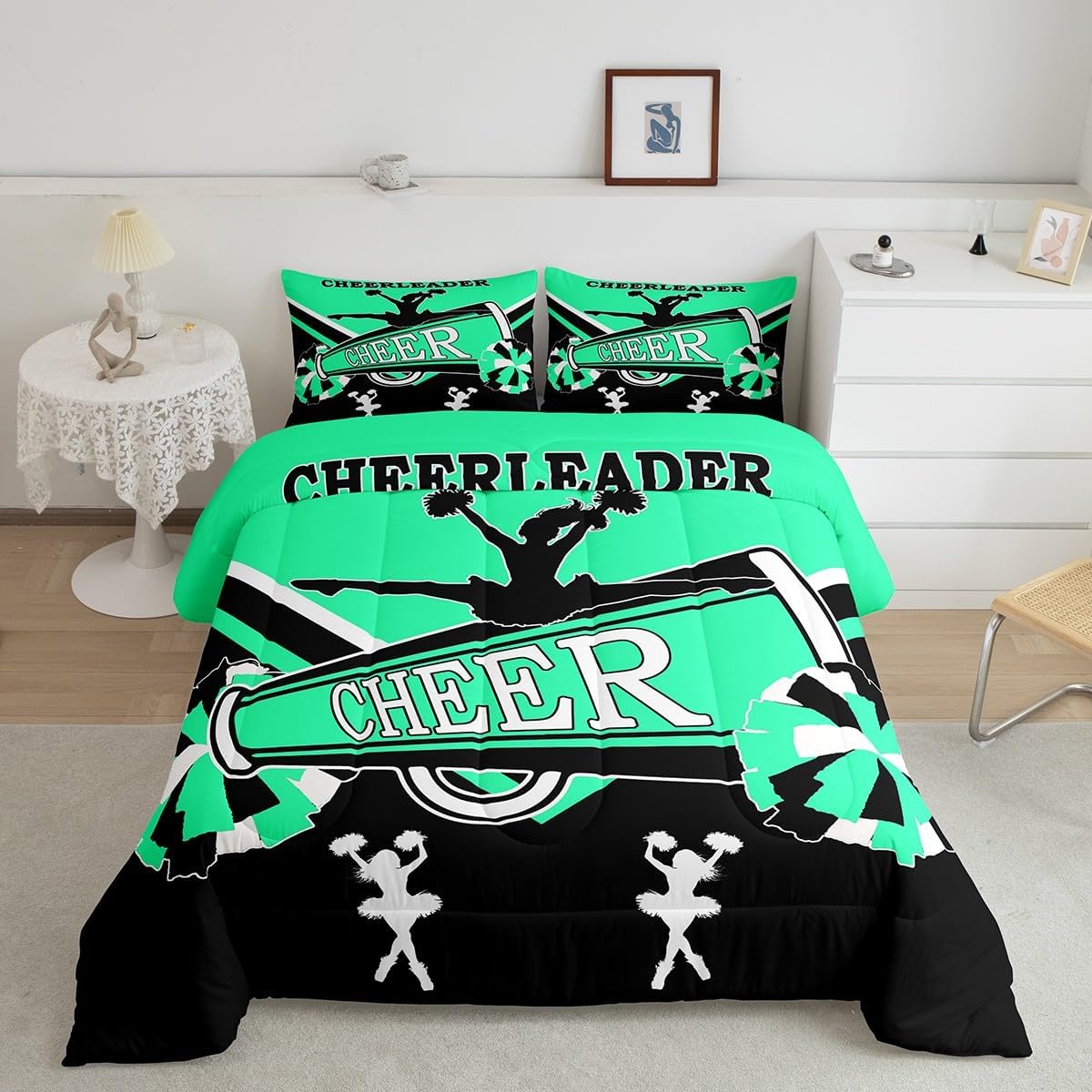 Cheerleading Queen Comforter Set Dance Princess Bedding Set Queen for Girls, Kawaii Cheerleader Bedding Comforter Sets Black Spring Green Duvet Set, Cheerleading Pompoms Print Quilted Comforter
