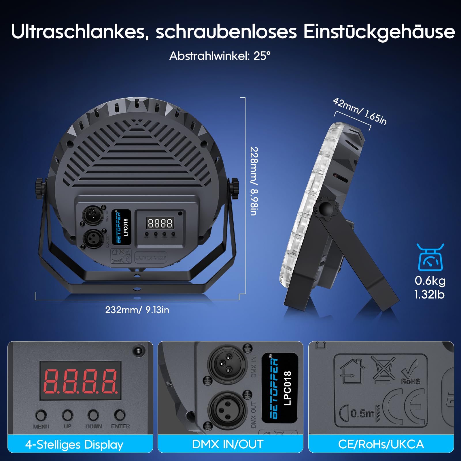 BETOPPER Ultra-Schlanke LED Par Leuchte für DJs, 54 x 1W RGB Par Scheinwerfer mit DMX512, Fernbedienung und Geräuschgesteuerter Bühnenbeleuchtung für Hochzeiten, Partys, Kirchen und Uplighting, 4P