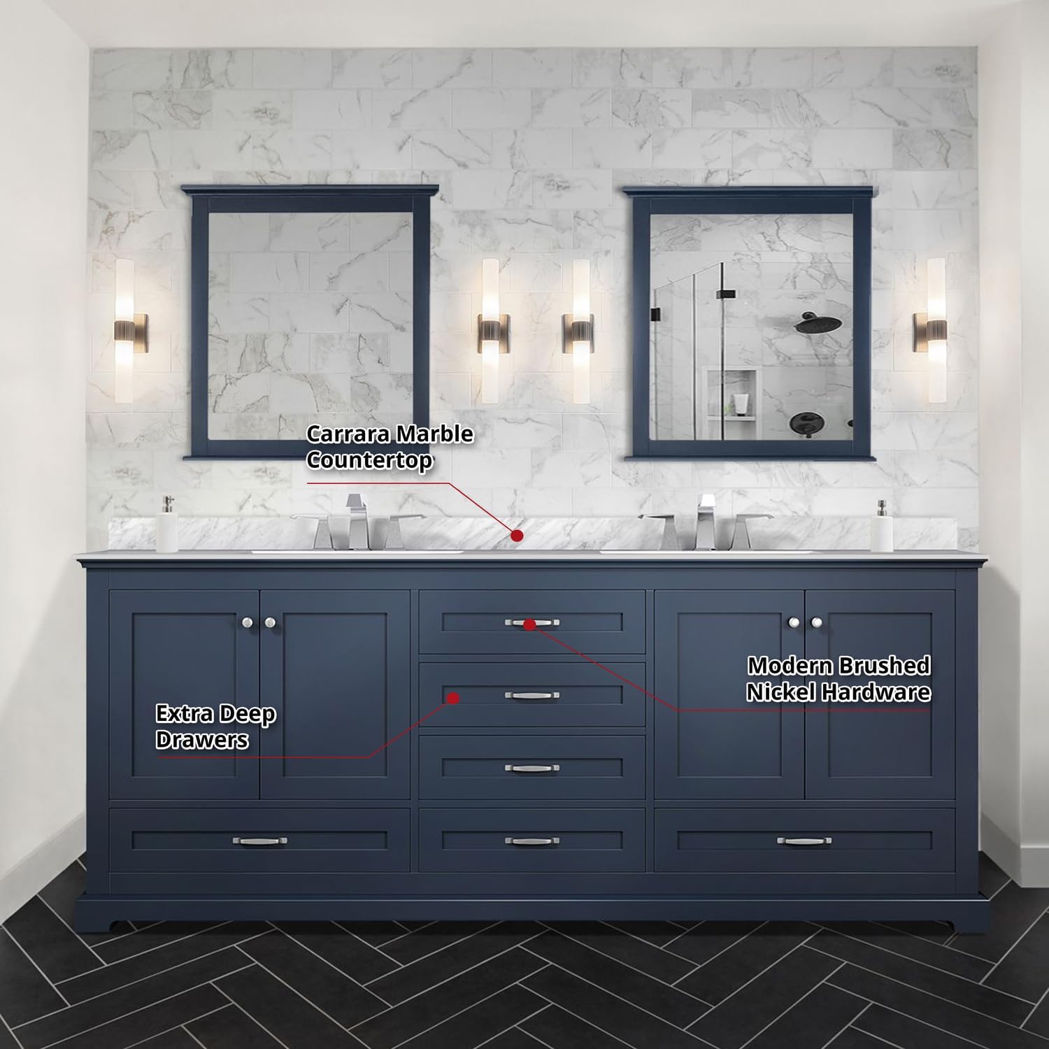 Dukes Navy Blue Bath Vanity Set - Double & Single Vanities, Marble Top & Faucet Included 80"/Carrara Marble Top