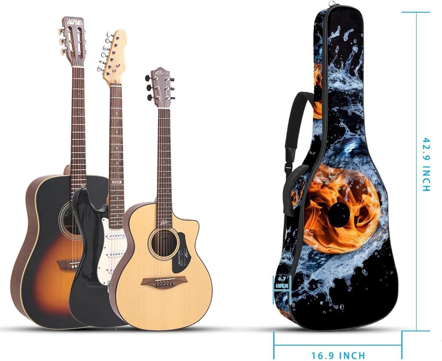 Cool Water and Fire Yin-Yang Symbol Acoustic Guitar Gig Bag, 1 cm Thick Padding Waterproof Guitar Bag Backpack for 40 41 42 Inch Electric Bass Classical Guitars