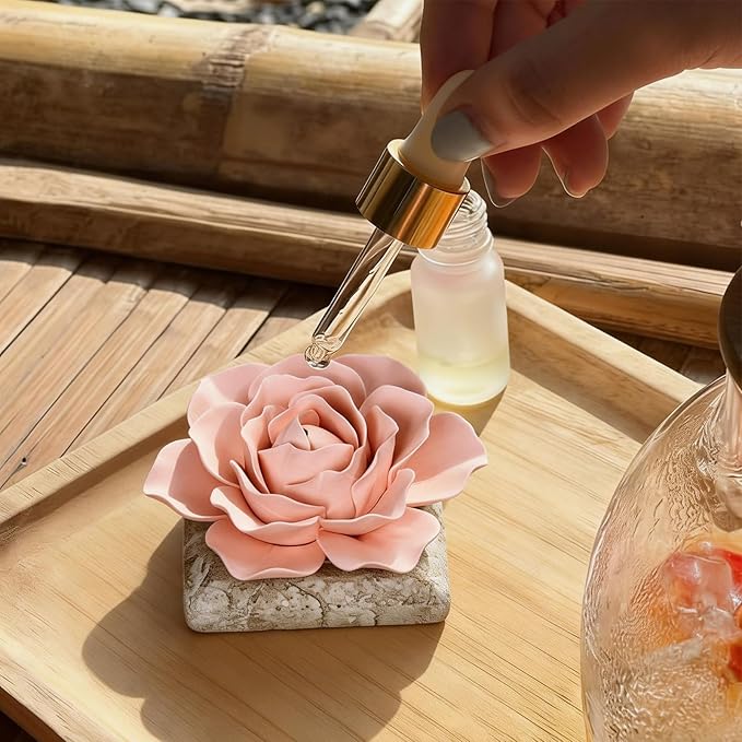 Difusor de aceites esenciales cerámico, base de concreto y flor artesanal miniatura 5