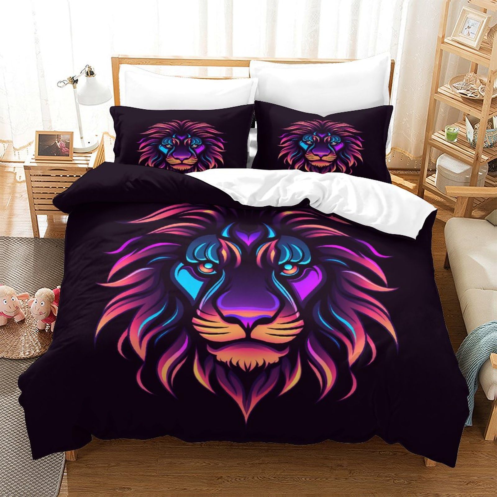 Parure de lit lion 3D microfibre anti-plis et facile à laver pour lit une place 140x200cm