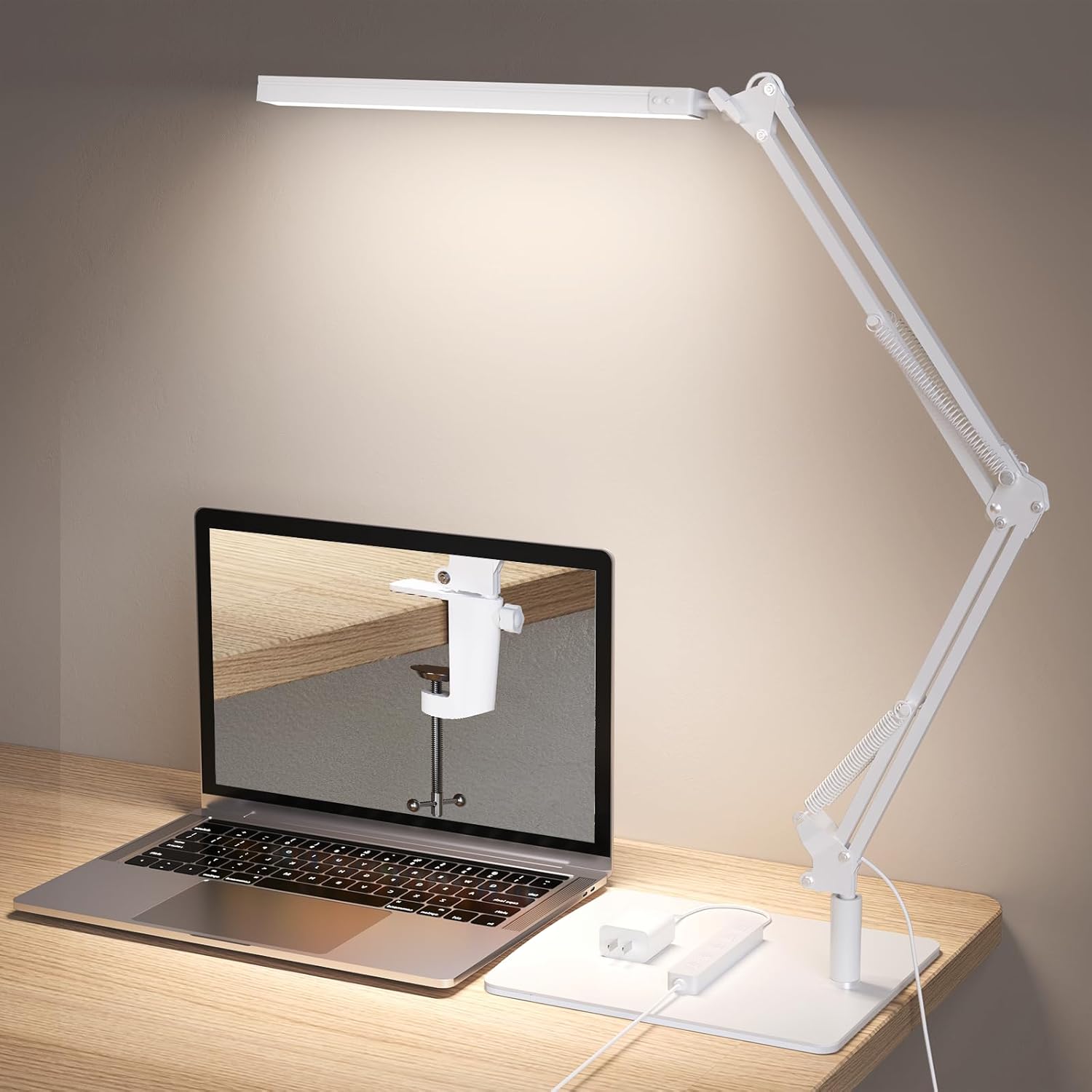 Swing Arm Desk Lamp with Base, 80 LED Beads, 5 Color Modes & 11 Brightness Levels, 360° Adjustable Arm, Eye-Caring Light CRI95, Timer & Memory Function, for Office, Study, Crafting